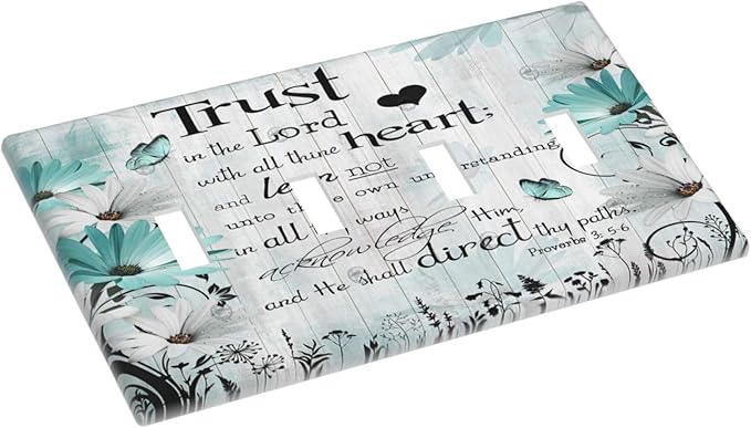 Rustic Teal Daisy Bible Verse Wooden Inspirational Quote Light Switch Covers Quad Toggle Electrical Faceplate 4 Gang Wall Plate Decorative Switch Plates Cover for Bedroom Living Room Decor