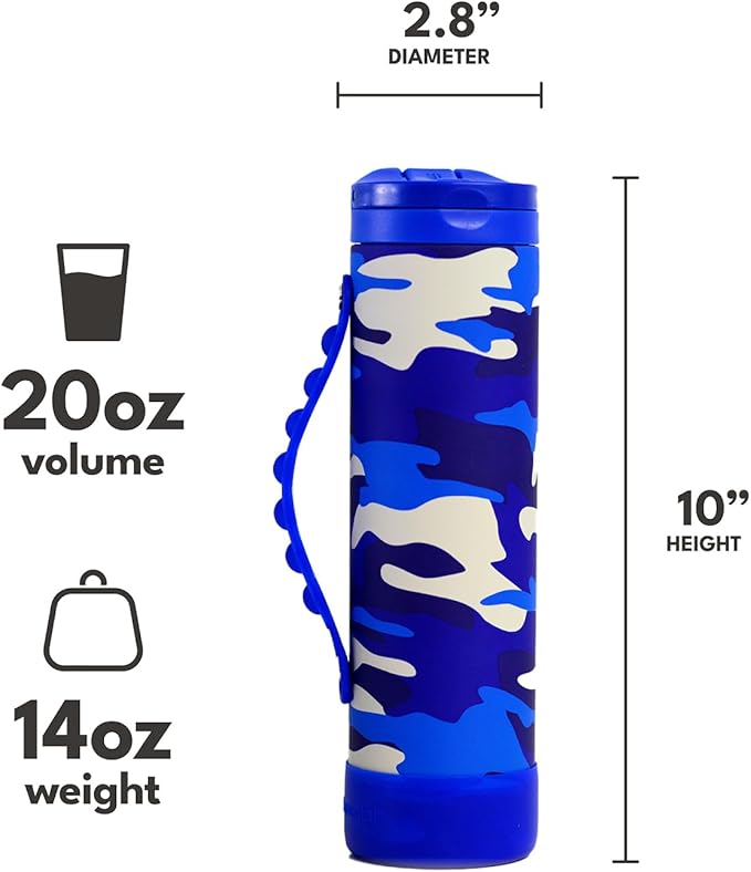 Elemental Iconic Kids Water Bottle with Straw Lid & Stress Reliever Pop It Handle, Leak-Proof When Closed, Triple Insulated Stainless Steel Reusable Thermos Water Bottle, 20oz - Blue Camo