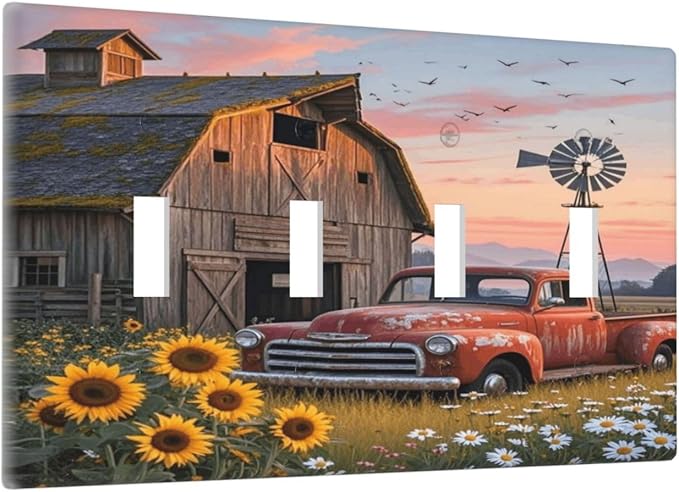 Rustic Barn Red Truck Windmill Sunflower Light Switch Covers Quad Toggle Electrical Faceplate 4 Gang Wall Plate Decorative Switch Plates Cover for Farmhouse Home Decor