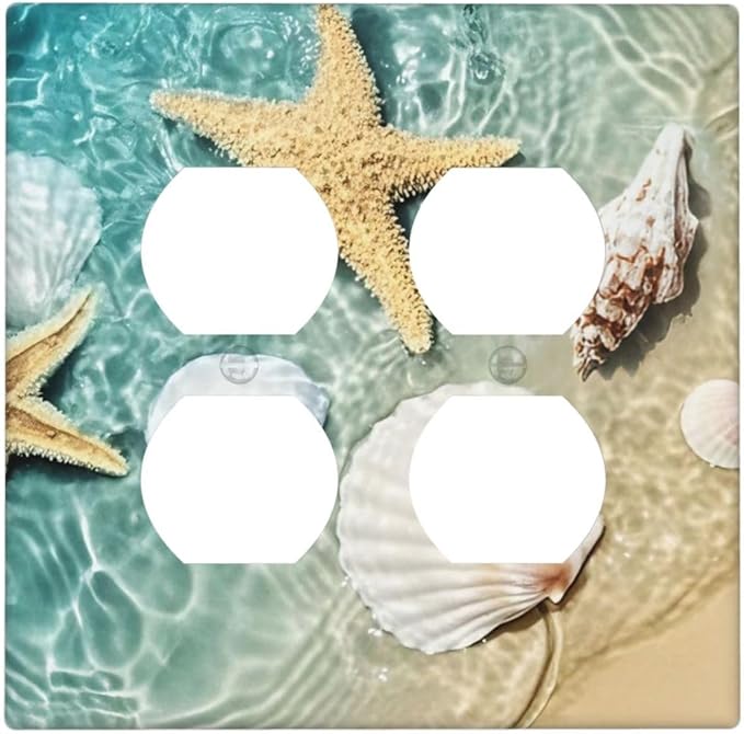 Outlet Covers Beach Starfish Ocean Conch Cameo Shell 2 Gang Double Duplex Decorative Light Switch Covers Electrical Wallplates Socket Faceplate For Decor Kids Room Decor