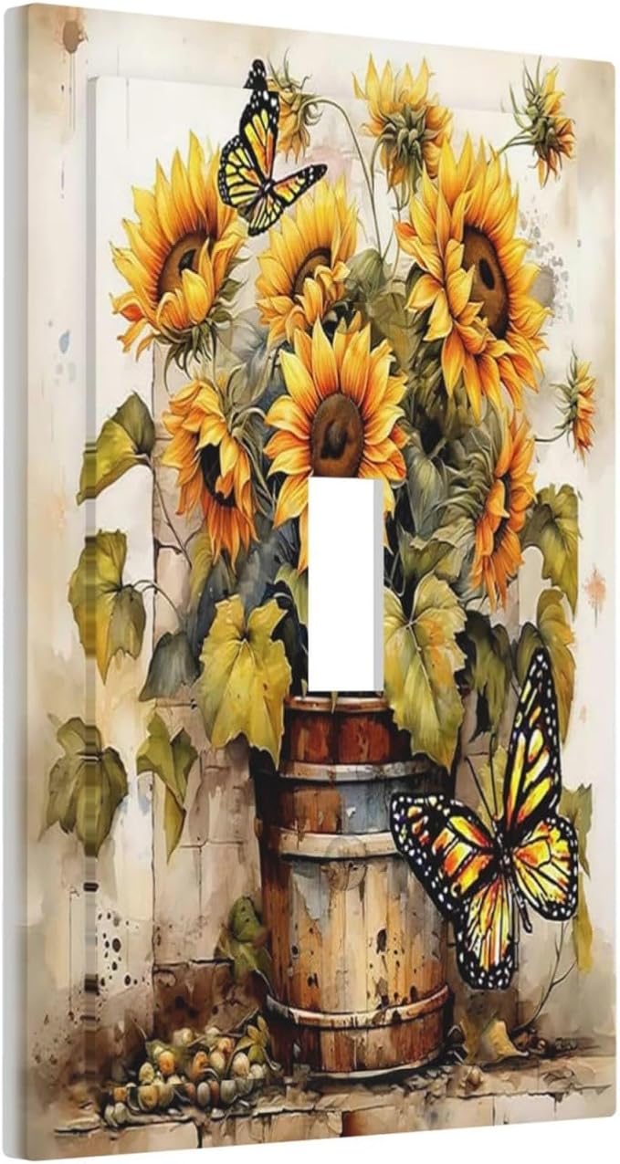 Decorative Light Switch Cover Rustic Vintage Sunflower Bouquet Butterfly 1 Gang Single Toggle Decorator Outlet Wall Plate Device Electrical Faceplate Switchplates for Farmhouse Cabin Decor