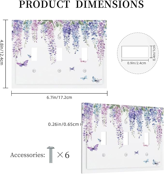 Decorative Switch Plates Purple Flowers Watercolor Floral Butterflies 3 Gang Wall Plate Triple Toggle Light Switch Cover Faceplate Electrical Wall Panels For Bed Room Living Room Decor