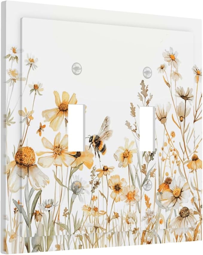 Yellow White Daisy Floral Bee Wild Flower Decorative Switch Plates 2 Gang Double Toggle Outlet Light Switch Cover Wall Plate Electrical Faceplate for Bedroom Living Room Decor