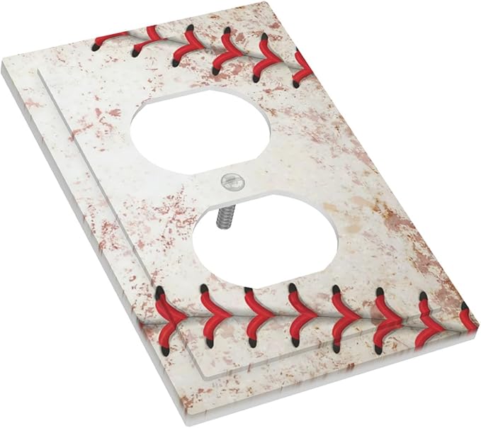 Vintage Baseball Stitch & Distressed Leather Duplex Wall Plate - 1-Gang Standard US Size Home Run Game Themed Outlet Covers for Boy's Bedroom Decor
