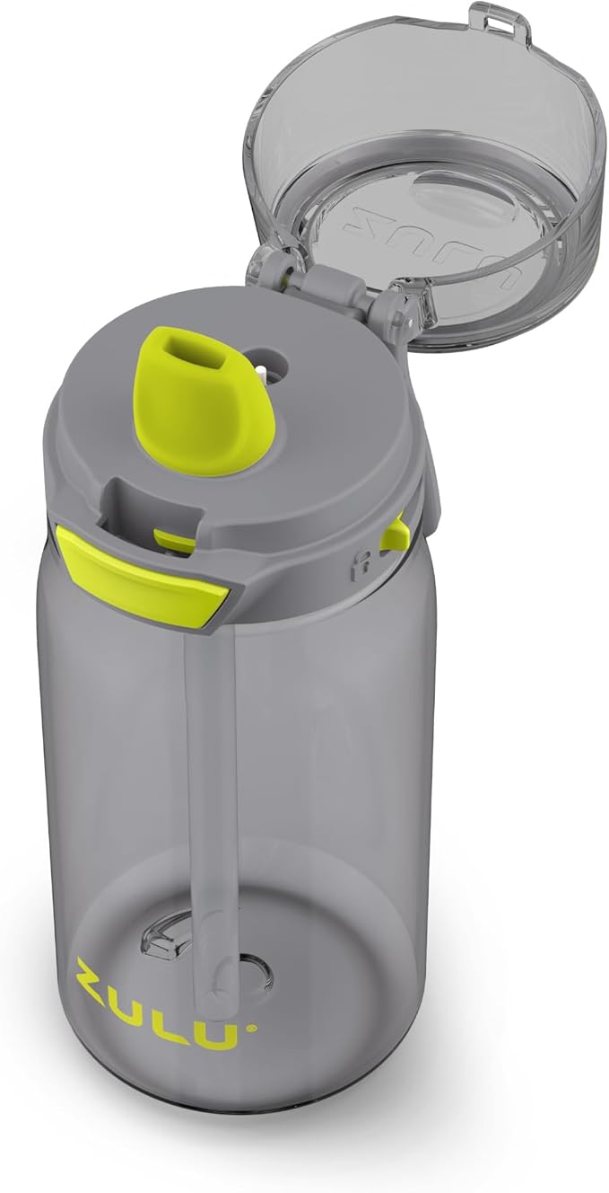 Zulu Kids Flex 16oz Tritan Plastic Water Bottle with Silicone Spout, Leak-Proof Locking Flip Lid and Soft Touch Carry Loop for School Backpack, Lunchbox, and Outdoor Sports, Gray