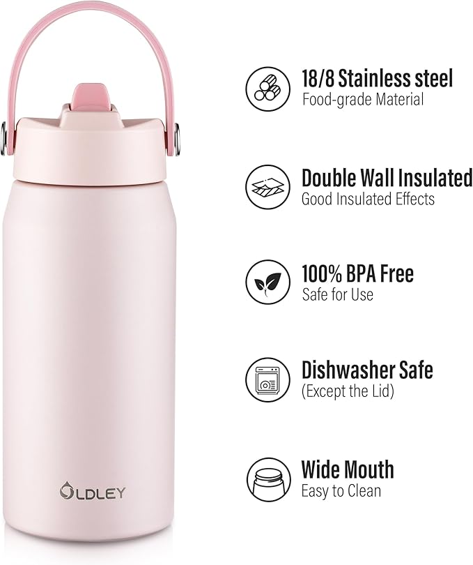 Oldley 18oz Insulated Water Bottle with Straw, Stainless Steel Water Bottle for Sports, Travel, School, BPA-Free Sports Bottles for Adult Kids, Leak-Proof, Pink
