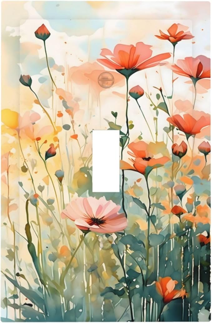 Vintage Red Orange Yellow Poppy Floral Flowers Decorative Light Switch Cover 1 Gang Single Toggle Device Electrical Faceplate Switchplates Decorator Outlet Wall Plate for Bedroom Living Room Decor