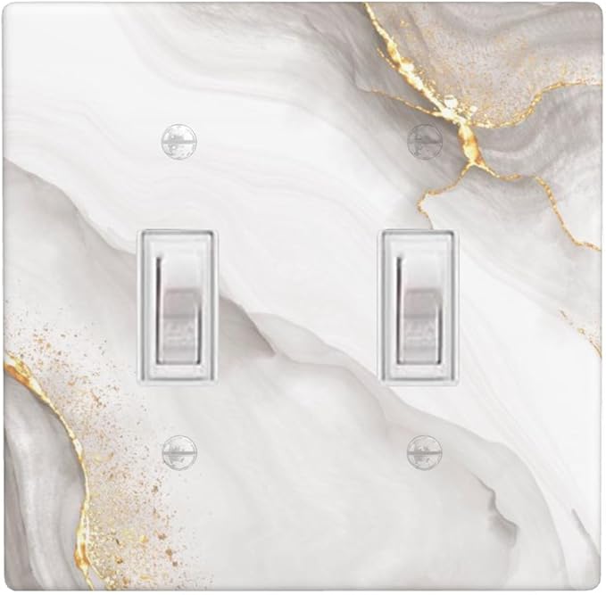 White Gold Gray Marble 2-Gang Double Toggle Switch Plate, Modern Decorative Wall Plate for Home, Living Room, Bedroom & Bathroom