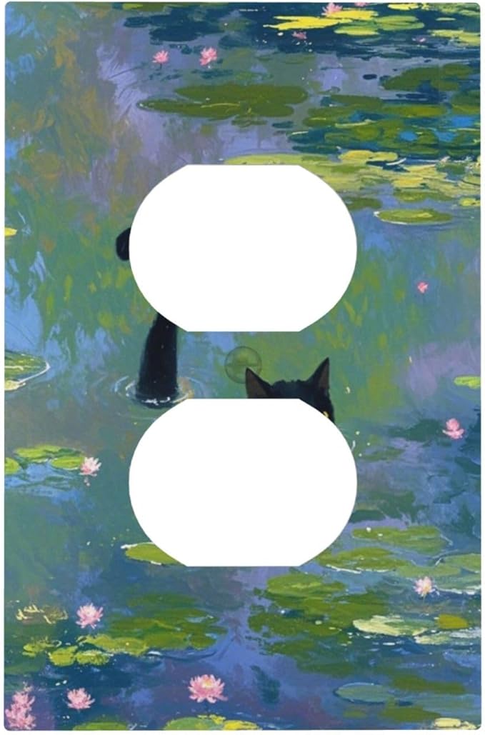 Decorative Outlet Covers Cute Black Cat Water Lily Pond Watercolor 1 Gang Duplex Light Switch Cover Plate Electrical Switch plates WallPlates Socket Covers for Kids Room Nursery Decor