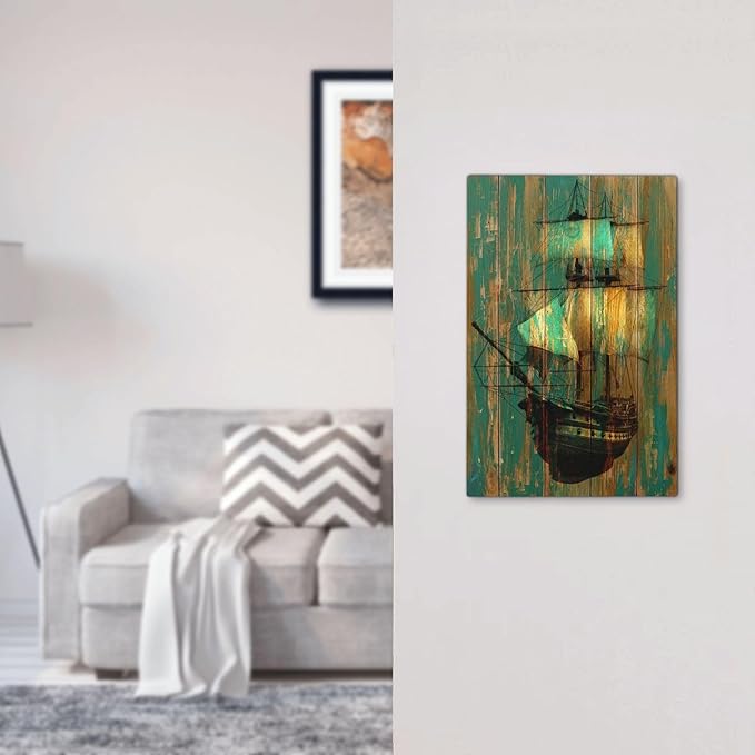 Light Switch Cover Plate Rustic Green Wood Grain Sailboat 1 Gang No Device Blank Electrical Wall Plates Faceplate Decorative Switch Plate for Farmhouse Bedroom Decor