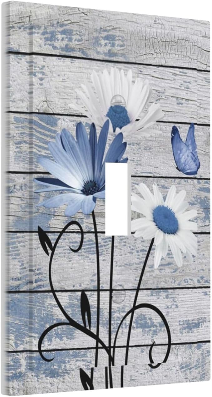 Blue White Daisy Flower Butterfly Rustic Wood Board Decorative Light Switch Cover 1 Gang Single Toggle Device Electrical Faceplate Switchplates Decorator Outlet Wall Plate for Farmhouse Bedroom Decor