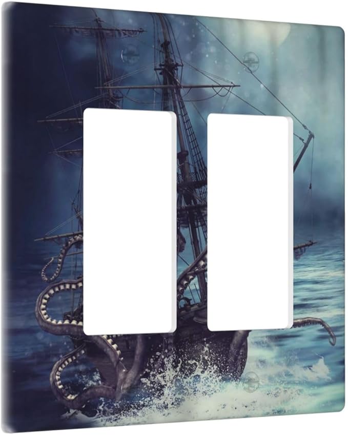 Octopus Ocean Kraken Nautical Pirate Ship 2 Gang Rocker Decora Light Switch Covers Decorative Unique Dual Outlet Covers Wall Plate Electrical Faceplate Switchplate GFCI for Bedroom Bathroom Decor