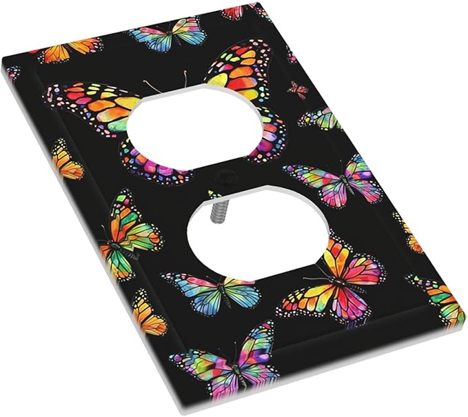 Vibrant Rainbow Butterflies on Black Duplex Wall Plate - 1-Gang Standard US Size Enchanted Garden Escape Outlet Covers for Bedroom Decor