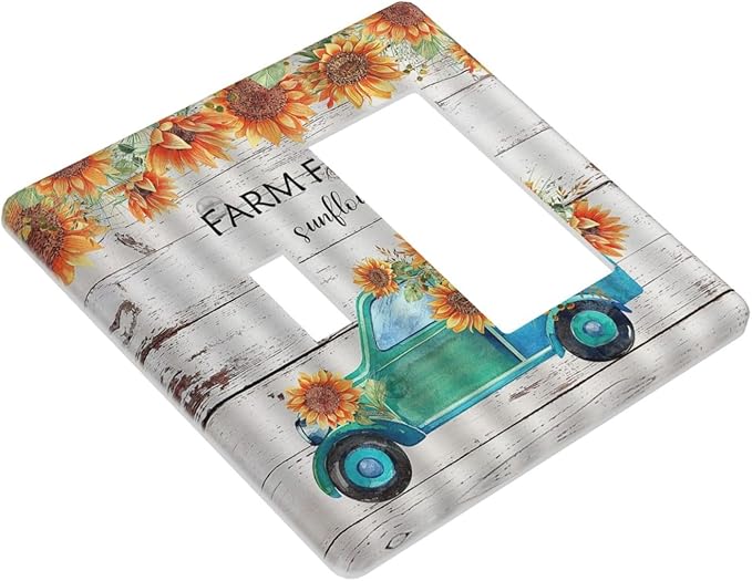 Decorative Outlet Covers Teal Farm Truck Pulling Sunflowers 2 Gang 1 Gang Wall Plate Single Toggle Rocker Device Combination Light Switch Cover Plate Jumbo Switch Plate Cover for Farmhouse