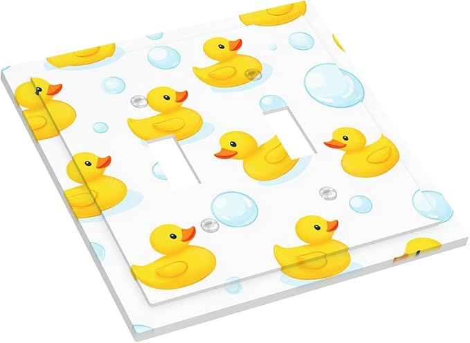 Cheerful Rubber Ducks & Bubbles Bath Time Double Toggle Switch Cover - 2-Gang Standard US Size Bathroom Funny Duck Light Switch Covers for Boys & Girls Bathroom Decor
