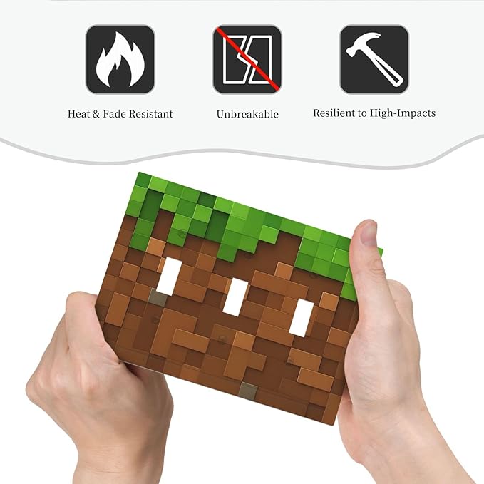Pixel Style Gamer Themed Grass Block Decorative Switch Plates 3 Gang Wall Plate Triple Toggle Light Switch Cover Faceplate Electrical Wall Panels for Kids Room Office Home Decor
