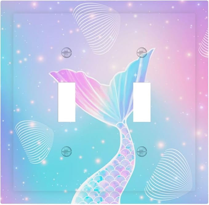Mermaid 2 Gang Light Switch Cover Rainbow Tail Scales Jelly Fish Double Toggle Wall Plate Decorative Electrical Switchplate Covers for Nursery Girls Boys Room Kids Room Decor