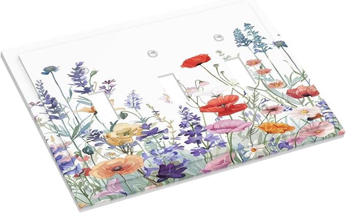 Colorful Floral Purple Lavender Flower Leaves Plants Decorative Switch Plates 3 Gang Wall Plate Triple Toggle Light Switch Cover Faceplate Electrical Wall Panels for Bed Room Living Room Decor