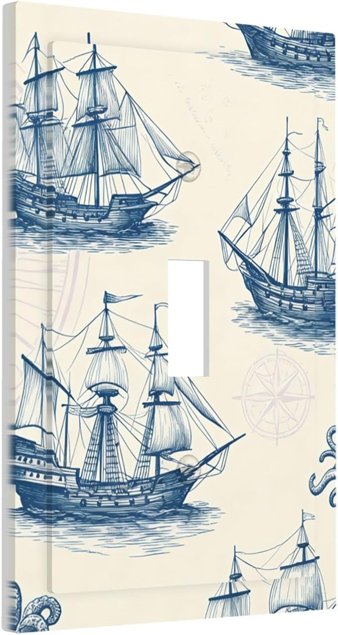 Vintage Nautical Ships 1-Gang Toggle Light Switch Plate, Old World Sailing Vessels Blueprint Design Decorative Wall Plate for Beach House Decor