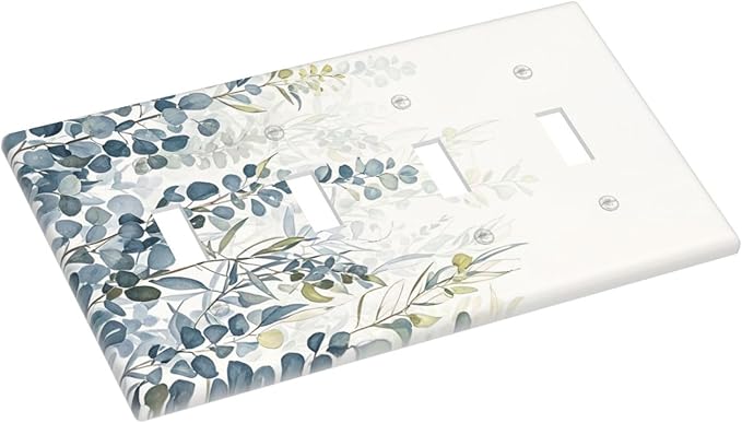 Decorative Switch Plate Cover with Green & Blue Watercolor Eucalyptus Botanical Foliage Design 4 Gang Artistic Wall Plate Unique Quad Toggle Light Switch Covers for Contemporary Living Room