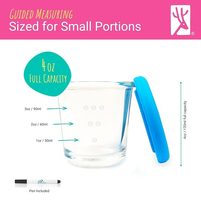Elk and Friends 4oz Borosilicate Glass Baby Food Storage Jars with Silicone Lid | Strong Glass | Set of 6 | Microwave, Oven & Dishwasher Safe | Infant and Babies