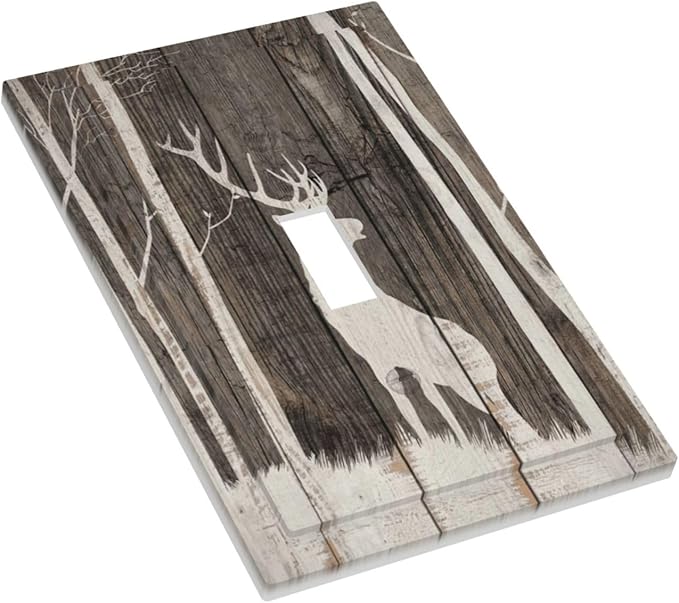 Vintage Wood Forest Deer Wildlife Animal Silhouette Decorative Light Switch Cover 1 Gang Single Toggle Device Electrical Faceplate Switchplates Decorator Outlet Wall Plate for Farmhouse Home Decor