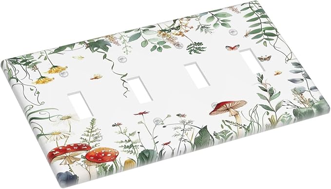 Light Switch Covers Sage Plant Red Mushroom Butterfly Wild Flower Quad Toggle Electrical Faceplate 4 Gang Wall Plate Decorative Switch Plates For Bed Room Kids Room Decor