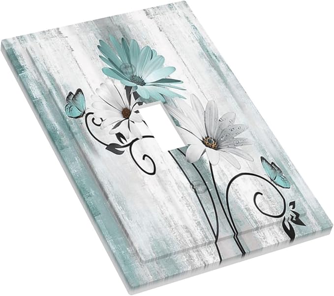 Teal Daisy Vintage Flower Butterfly Rustic Wood Print Decorative Light Switch Cover 1 Gang Single Toggle Device Electrical Faceplate Switchplates Decorator Outlet Wall Plate for Farmhouse Home Decor