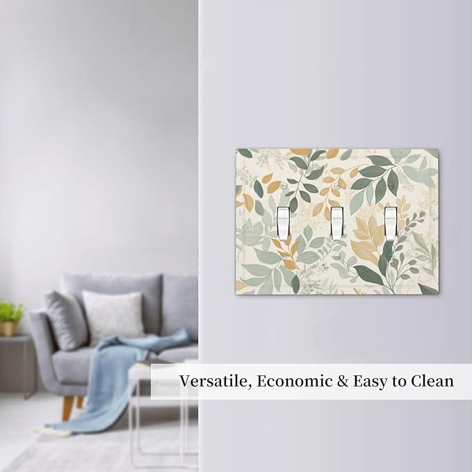 Boho Watercolor Leaves 3 Gang Light Switch Cover Watercolor Green Botanical Triple Toggle Wall Plate Decorative Electrical Switchplates Faceplate for Country Bedroom Kitchen Home Decor