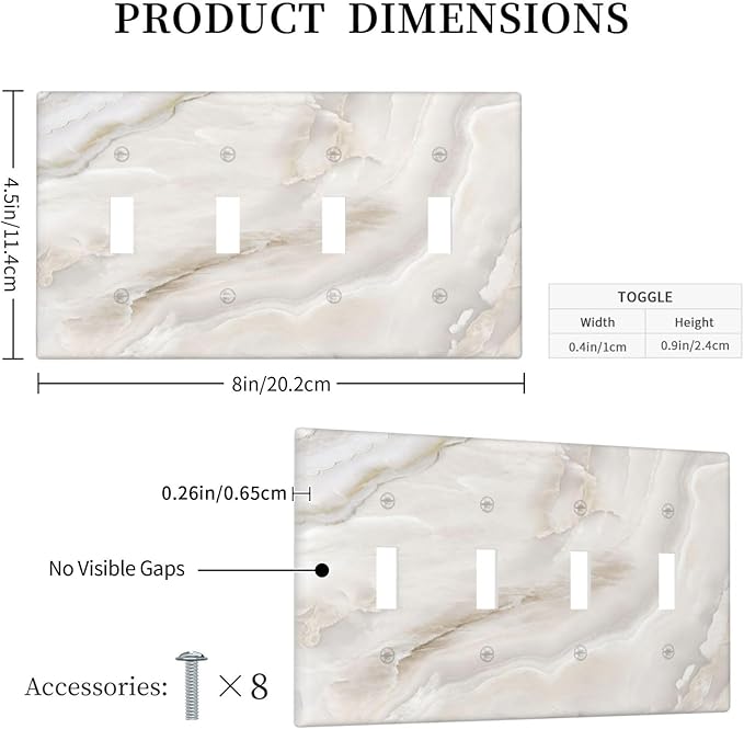 Abstract Luxury White Marble Texture Light Switch Covers Quad Toggle Electrical Faceplate 4 Gang Wall Plate Decorative Switch Plates Cover for Bathroom Kitchen Living Room Decor