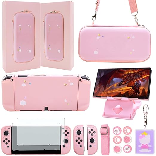GUTIAL Accessories Bundle for Nintendo Switch OLED - Cute Kawaii NS OLED Accessories kit for Grils Boys Kids with Carrying Case, Cartoon Dockable Cover Case, Screen Protector, Stand - Pink