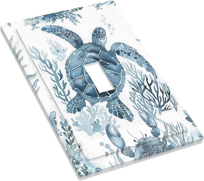 Blue Sea Turtle Coastal Coral Beach Crab Seaweed Decorative Light Switch Cover 1 Gang Single Toggle Device Electrical Faceplate Switchplates Decorator Outlet Wall Plate for Kids Room Bathroom Decor