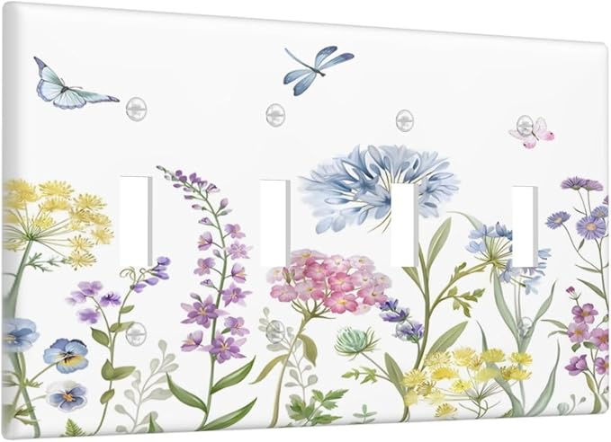 Colorful Wildflowers Dragonfly Lavender Butterfly Insect Light Switch Covers Quad Toggle Electrical Faceplate 4 Gang Wall Plate Decorative Switch Plates Cover for Bedroom Living Room Decor