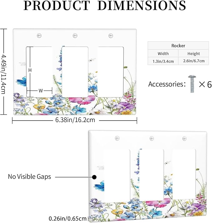 Light Switch Covers Boho Colorful Flowers Plants And Dragonflies 3 Gang Rocker Electrical GFCI Decorative Triple Outlet Wall Plate Cover Switchplate for Bedroom living Room Decor