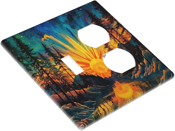 Light Switch Cover Plate Vintage Forest Sun Boho Mountain Starry Sky 2 Gang Decorative Switch Plates 1 Toggle Duplex Combo Outlet Covers GFCI Wall Plates for Bathroom Bedroom Decor