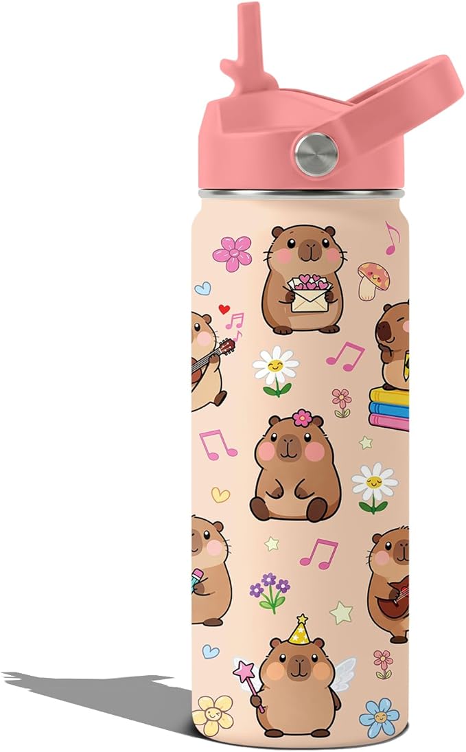 Insulated Water Bottle 18oz, Capybara Gifts Water Bottle with 2-in-1 Straw and Spout Lid, Pink Capybara Cup Leakproof, Capybaras Travel Mug for Capybaras Lover, Birthday Gift Ideal for Girls