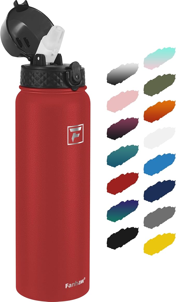 Fanhaw 32 oz Insulated Stainless Steel Water Bottle with Straw Lid, Leakproof Sports Bottle for Men, Women & Teens (Red)
