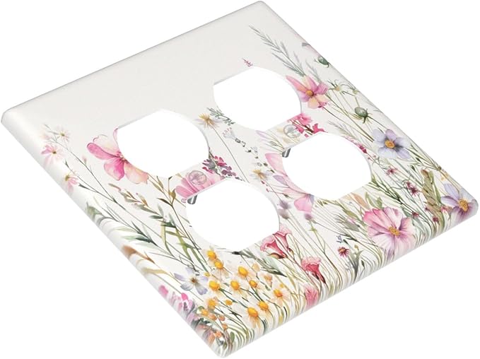 Pink Floral Wild Flowers Watercolor Plants Outlet Covers 2 Gang Double Duplex Decorative Light Switch Covers Electrical Wallplates Socket Faceplate for Bedroom Living Room Decor