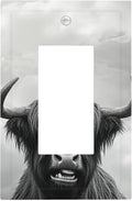 Highland Cow Black & White Portrait Single Rocker Switch Cover - 1-Gang Standard US Size Playful Farm Animal Light Switch Covers for Living Room Decor