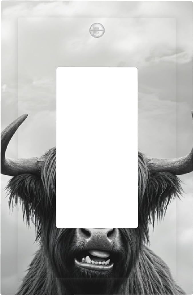 Highland Cow Black & White Portrait Single Rocker Switch Cover - 1-Gang Standard US Size Playful Farm Animal Light Switch Covers for Living Room Decor