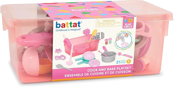 Battat – Play Circle – Cooking & Baking Playset – Hand Mixer, Rolling Pin, Ladle, Spatulas & More – Storage Bin – Kitchen & Cooking Toys for Kids – 3+ Years– Dinner for Eight Cookware