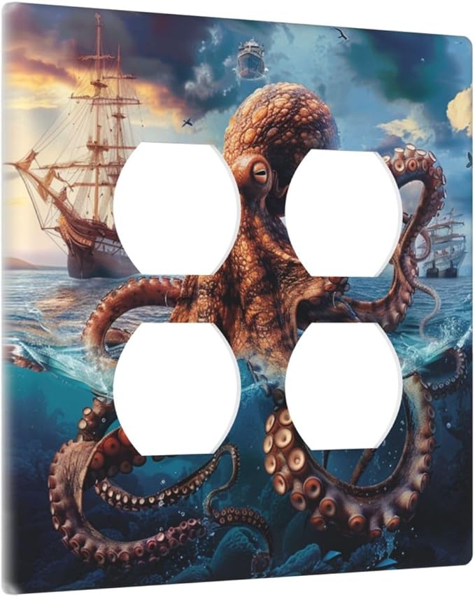 Decorative Light Switch Cover Plate Deep Ocean Octopus Sailboat Sea Monster 2 Gang Decorative Switch Plates 1 Toggle Duplex Combo Outlet Covers GFCI Plug Covers Wallplates for Bathroom Bedroom Decor
