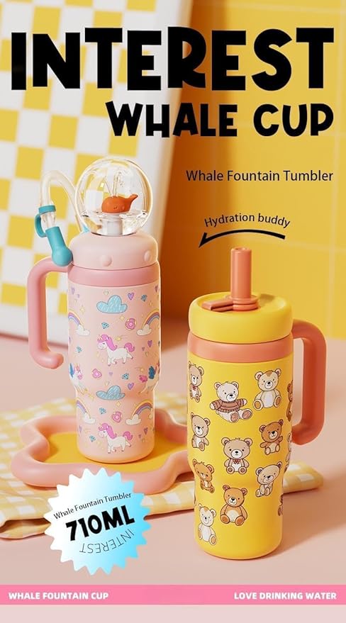 Stainless Steel Whale Fountain Tumbler with Handle, Drinking Cup with Whale Squirt, 24oz Whale Water Bottle Two Silicone Soft Tip, Leak-Proof Whale Fountain Tumbler for Kids Teens Adults (A-Pink)