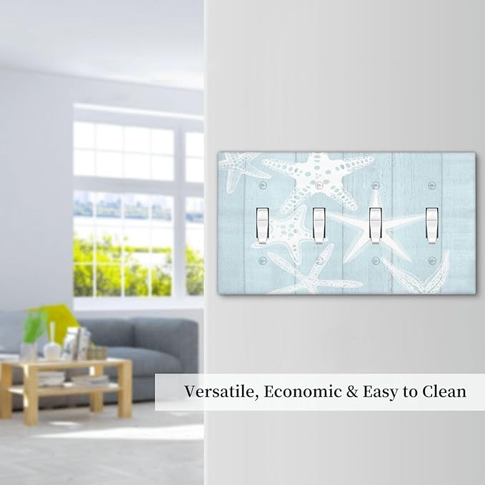 Beach Starfish Vintage Wood Rustic Country Ocean Light Switch Covers Quad Toggle Electrical Faceplate 4 Gang Wall Plate Decorative Switch Plates Cover for Farmhouse Kids Room Decor