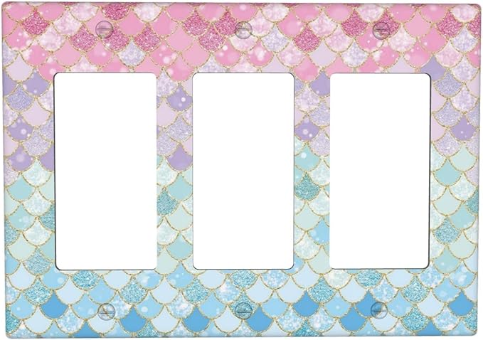 Colorful Mermaid Scales 3 Gang Rocker Light Switch Plate Cute Blue Triple Decora Outlet Wall Cover Faceplate Decorative Switchplate for Bathroom Girls Bedroom Kids Baby Nursery Living Room Decorate