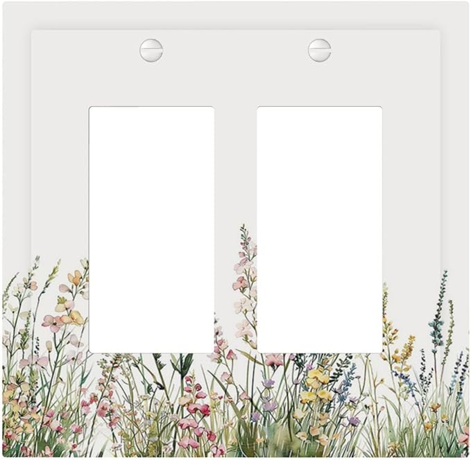 Decorative Outlet Covers Boho Wildflower Green Leaves Rustic Floral Botanical 2 Gang Double GFCI Rocker Electrical Wall Panels Light Switch Cover Plate for Bedroom living Room Decor