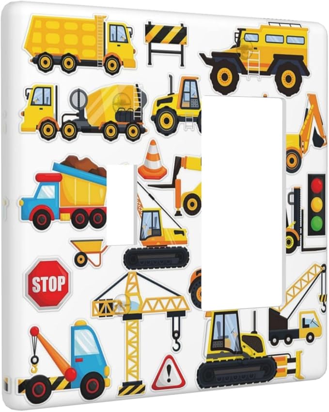 Yellow Truck Cartoon Transportation 2 Gang Single Toggle Rocker Combination Light Switch Cover Decorative Wall Plate Cover Electrical Faceplate for Kidroom Bathroom Bedroom Kitchen Decorate