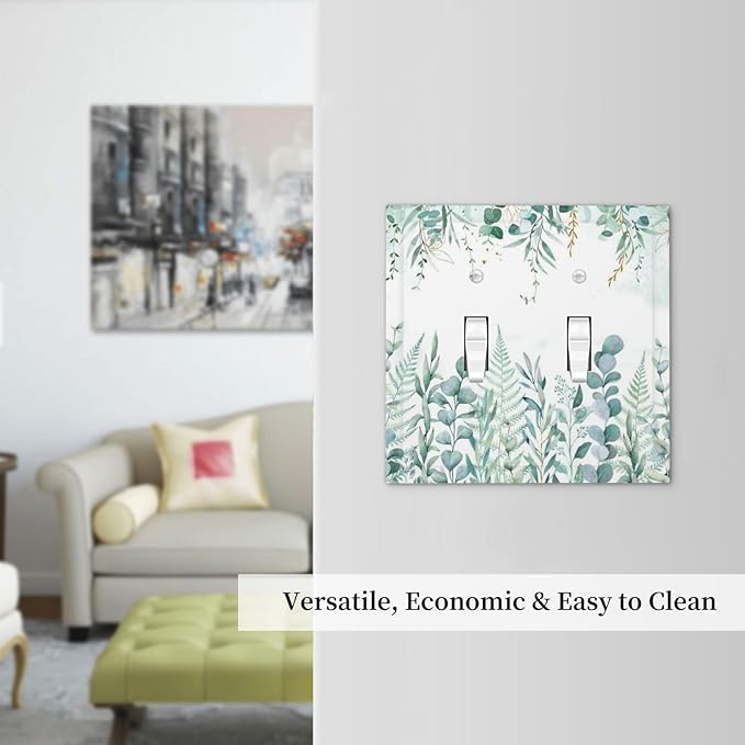 Boho Green Eucalyptus Leaf Floral Sage Flower Decorative Switch Plates 2 Gang Double Toggle Outlet Light Switch Cover Wall Plate Electrical Faceplate for Bedroom Living Room Decor