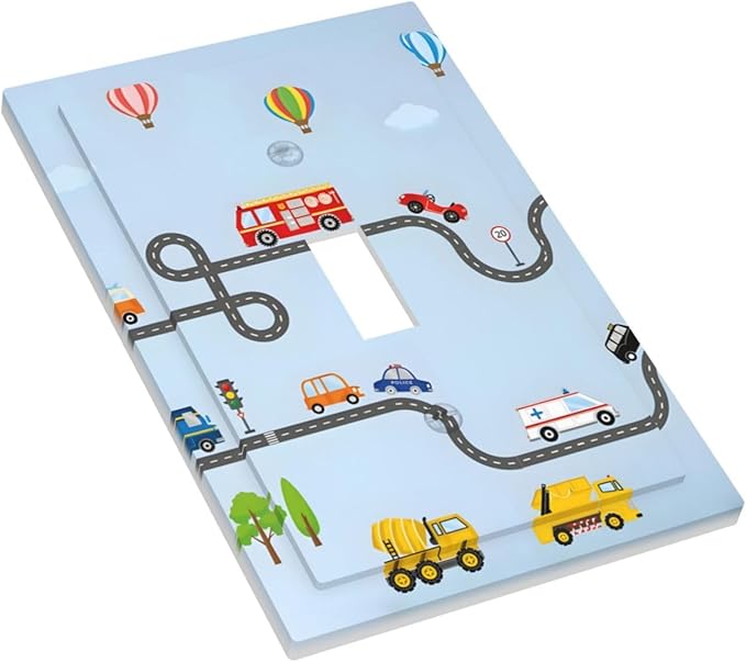 Road Construction Car Truck Hot Air Balloon Decorative Light Switch Cover 1 Gang Single Toggle Device Electrical Faceplate Switchplates Decorator Outlet Wall Plate for Nursery Kids Room Decor