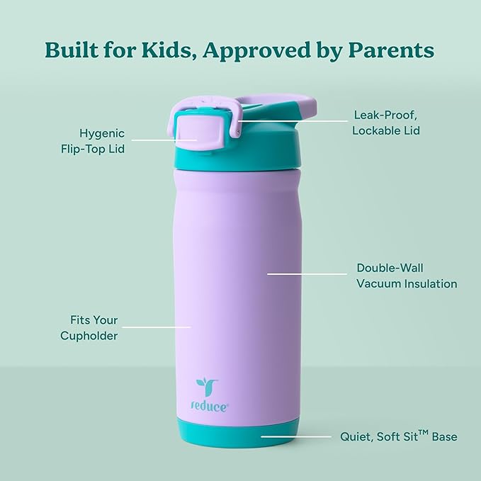 Reduce Hydrate Pro Kids 14oz Stainless Steel Insulated Water Bottle w/Straw – Spill Proof Tumbler for Kids – 30 Hour Cold Retention – Dishwasher Safe Leak-Proof Design - Mermaid Purple